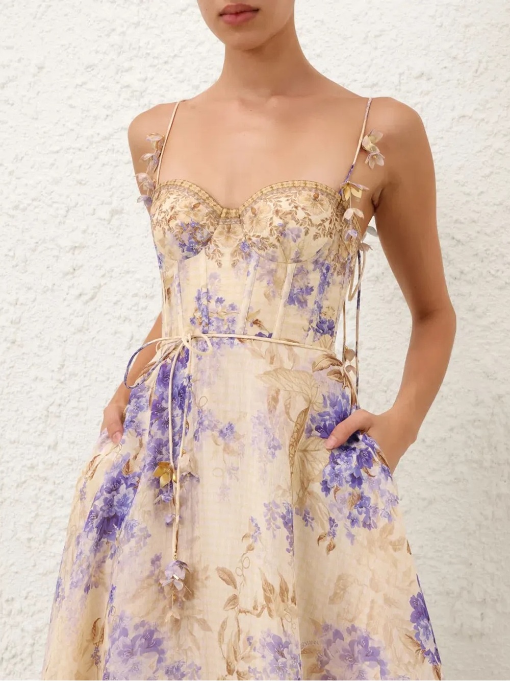 Zimmermann Cream Maxi Dress with Lavender Floral Print and Gold Accents Size-0